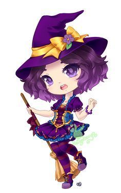 a cartoon character dressed as a witch holding a broom and wearing a purple dress with gold accents