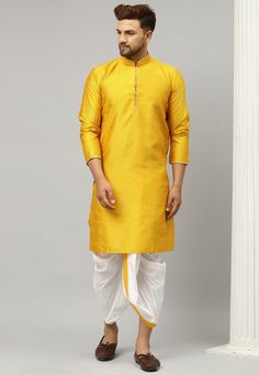 Luxury Yellow Slub Silk Traditional Wear, Luxury Yellow Bandhgala Straight Kurta, Luxury Silk Bandhgala Straight Kurta, Luxury Yellow Silk Kurta, Luxury Yellow Sherwani Straight Kurta, Luxury Bandhgala Straight Kurta For Puja, Luxury Yellow Chinon Kurta, Luxury Yellow Sherwani For Puja, Luxury Yellow Jamawar Kurta