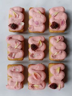 nine pieces of cake with pink icing and blackberries on top, arranged in squares