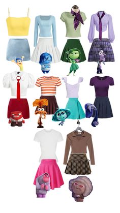 many different types of clothes are arranged in a circle on a white background, including dresses and hats