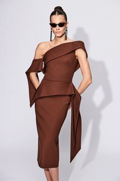 Asymmetric Peplum Drape Dress Pre-Order 4-6 Weeks Final Sale Made in NYC For inquiries regarding customization email: info@christiansiriano.com Elegant Bandage Dress With Asymmetrical Neckline, Elegant Brown One-shoulder Mini Dress, Elegant Brown Asymmetrical Midi Dress, Elegant One Shoulder Brown Midi Dress, Pre Fall 2023, Drape Dress, Pre Fall Collection, Column Dress, Christian Siriano