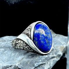 Silver Blue Lapis Lazuli Ring, Natural Lapis Ring , Men Handmade Ring , Engraved Men Ring, 925k Sterling Silver Ring , Gift For Him ★Item Details * Gender : Male / Female * Material : 925K Sterling Silver * Total weight :  15 Grams * Gemstone :  Lapis Lazuli Stone ✔ Ready to Ship in 1-2 Business Days .. ✔ Shipped to the Worldwide 1-5 business days with free shipping... ✔ The product will be sent to you with a handmade wooden box to avoid any damage during shipping... ✔ Visit our store, browse ot Spiritual Blue Engraved Ring, Blue Sterling Silver Engraved Signet Ring, Blue Engraved Sterling Silver Rings, Engraved Blue Sterling Silver Rings, Handmade Wooden Boxes, Lapis Ring, Blue Lapis Lazuli, Lapis Lazuli Ring, Ring Men