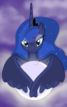 an image of a blue and purple pony sitting on the moon with stars in the background