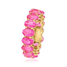 Ross-Simons - 7.75ct t. w. Pink Topaz Eternity Band Ring in 18kt Yellow Gold Over Sterling. Size 5. Vibrant pink gems wrap this ring in endless sparkle! Our eternity band dazzles with 7.75 ct. t. w. pink topaz ovals in a colorful and contemporary take on the classic design. Set in polished 18kt yellow gold over sterling silver. 1/4" wide. Pink topaz eternity band. Pink Gem, Bright Spring, Eternity Band Ring, Pink Topaz, Eternity Band, Design Set, Eternity Bands, Band Ring, Band Rings