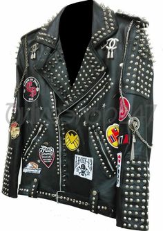 Mens Punk Rock Full Metal Spiked Studded Patches Chain Black Leather Jacket on Storenvy Rocker Leather Jacket With Studs, Grunge Outerwear With Rivets For Biker Events, Rock Style Studded Biker Jacket For Streetwear, Rock And Roll Style Outerwear For Fall Streetwear, Fall Rock And Roll Style Outerwear For Streetwear, Rock Style Leather Jacket With Rivets, Rock Style Festival Outerwear With Rivets, Rock Style Studded Biker Jacket For Concert, Rock Style Leather Jacket With Rivets For Alternative Fashion