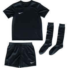 Nike Park 20 Kids' Kit. A full training set for your young player. Shorts have elastic waistband. Each item carries a swoosh logo. Jersey, short and socks made with Dri-FIT fabric that wicks sweat. 100% Polyester. Sizing Chart: Size XS (4) / Age 3-4 Yrs. / Chest (in.) 22 / Waist (in.) 21.5 / Hips (in.) 22.5 / Height (in.) 38.5-41 Size S (5) / Age 4-5 Yrs. / Chest (in.) 23 / Waist (in.) 22 / Hips (in.) 23.5 / Height (in.) 41-43 Size M (6) / Age 5-6 Yrs. / Chest (in.) 24 / Waist (in.) 22.5 / Hips Logo Jersey, Swoosh Logo, Team Apparel, Kits For Kids, Dri Fit, Carry On, Soccer, Sweatpants, Socks