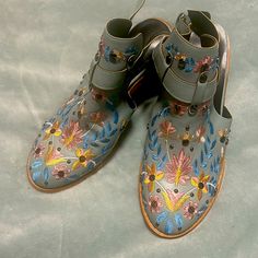 Embroidered Ankle Boot Size 6 Women’s Never Worn Ankle Strap With Buckle Color Comparison: Misty Aqua Beautiful Floral Embroidery And Detailing! Smoke Free Embroidered Closed Toe Summer Boots, Spring Floral Embroidered Multicolor Boots, Floral Embroidered Boots For Spring Festival, Floral Embroidery Boots For Spring Festival, Spring Floral Embroidered Closed Toe Boots, Spring Floral Embroidery Closed Toe Boots, Embroidered Boots For Spring Festivals, Spring Festival Embroidered Boots, Spring Festival Boots With Flat Heel