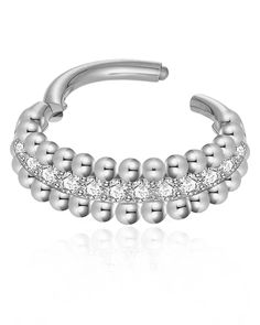 Introducing our Halcyon Pave Beaded Hoop Ring Clicker—a flawless addition to your cartilage ear piercings. The intricate design, adorned with double beaded detailing and a crystal pave centre strip, brings a touch of refined glamour to any outfit. Its lightweight construction ensures a comfortable fit for extended wear, while the secure clicker mechanism guarantees ease of use and hassle-free insertion and removal. Crafted from titanium, it guarantees resistance to tarnishing, hypoallergenic pro Elegant Adjustable Hoop Septum Ring, Elegant Adjustable Small Hoop Septum Ring, Cartilage Ear Piercings, Barbell Earrings, Helix Hoop, Tragus Conch, Studded Flats, Helix Earrings, Solid Gold Earrings