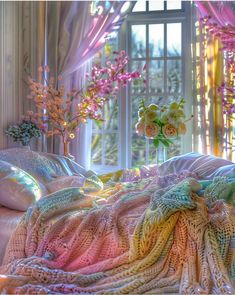 a bed covered in blankets and flowers next to a window