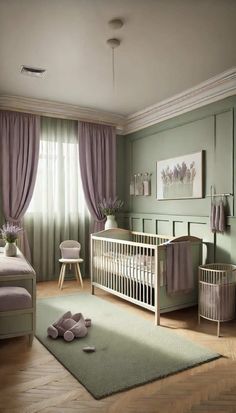 a baby's room with green walls and curtains