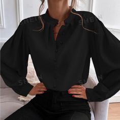 Black Shein Blouse With Buttons Never Worn Stand Collar Blouse, Stand Collar Shirt, Beige Blouse, Solid Color Shirt, Puff Sleeve Blouse, Loose Shirts, Spring Shirts, Collar Blouse, Sleeves Pattern