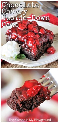 chocolate cherry upside down cake on a white plate