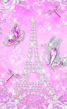 the eiffel tower is surrounded by pink roses and purple butterfly wings, as well as butterflies