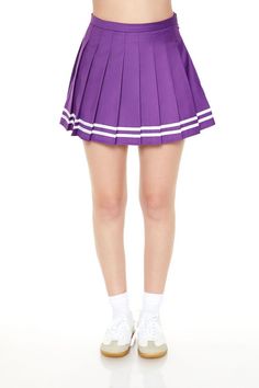 Varsity-Striped Pleated Mini Skirt Sporty Mini Pleated Skirt, Sporty Pleated Mini Skirt For Spring, Sporty Mini Skirt With Pleated Hem, Preppy Lined Mini Skirt For School, School Uniform Tennis Skirt In Mini Length, Preppy Lined Tennis Skirt For School, Preppy Pleated Mini Skirt For School, Retro Pleated Skirt For School In Spring, Pleated Tennis Skirt For School