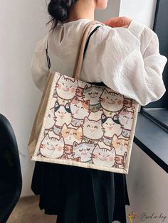 Bird in Bag - Cat Pattern Straw Tote Bag (Double) Cute Rectangular Beige Canvas Bag, Cute Cat Design Rectangular Shoulder Bag, Cute Beige Rectangular Satchel, Cute Cat Design Shoulder Bag For Daily Use, Trendy Bags With Cat Design, School Bag With Cat Design And Rectangular Shape, Cute Beige Square Bag, Animal Design Tote Bag For Daily Use, White Shoulder Bag With Cat Design