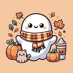 a cartoon snowman with a cup of coffee next to pumpkins and autumn leaves