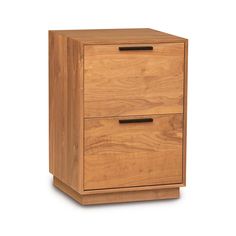 a wooden file cabinet with two drawers on one side and an open drawer on the other