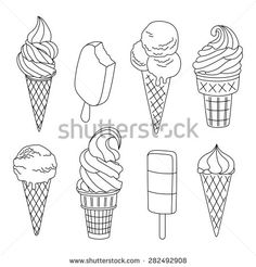 set of ice creams in different shapes and sizes, black and white illustration on