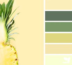 a pineapple on a yellow background with some green and white colors in the top half