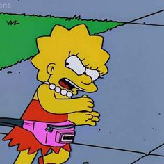 the simpsons character is holding an umbrella and wearing a red dress with pink trims