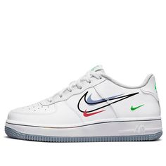 (GS) Nike Air Force 1 Low 'Multi Swoosh' DM9473-100 (AF1/SNKR/Skate/Casual/Low Top/Wear-resistant) Nike Casual Custom Sneakers For Sports Events, Sporty Sneakers With Logo Print For Sports Events, Casual Nike Custom Sneakers, White Sporty Skate Shoes With Logo Print, Nike Air Force 1 Casual Light Sports Shoes, Nike Air Force 1 Casual Shoes For Light Sports, Sporty White Skate Shoes For Sports Events, White Sporty Skate Shoes For Sports Events, White Nike Air Force 1 For Sports