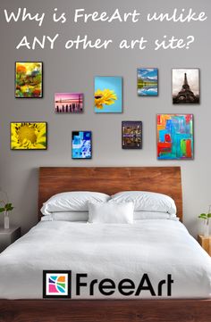 a bed with pictures on the wall above it and text overlay that reads get 10 art prints for your photo collage project at free art