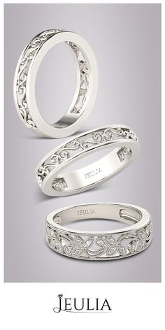 two wedding bands and an engagement ring are shown with the namejeula written on it