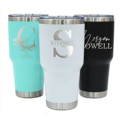 three different colored tumblers with the same name on them