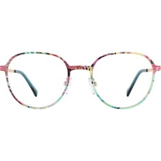 Turn up the heat in these colorful round glasses. The stainless steel eyeglasses is accented with a tropical print on the eyeglasses front along with blue temple arms and gold interior. For added comfort the impossibly lightweight flexible look features plastic temple tips and adjustable nose pads. | Zenni Women's Round Prescription Eyeglasses Pattern Stainless Steel Zenni Optical Glasses, Artsy Vibe, Small Food, Round Eyeglasses Frames, Diamond Face Shape, Entry Ways, Square Face Shape, Rim Design, Diamond Face