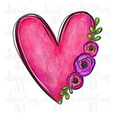 a drawing of a pink heart with purple flowers on the side and green leaves in the middle