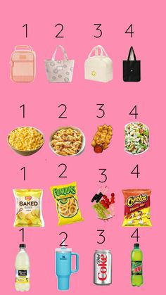 a pink poster with different types of food on it and numbers in the bottom left corner