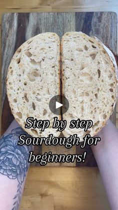 a person holding a piece of bread on top of a cutting board with the words, step by step sourdough for beginners