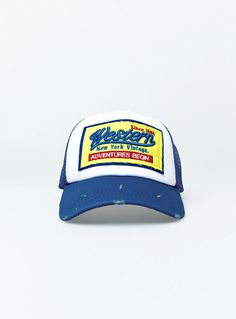 Adventures Trucker Hat Blue Blue Cotton Trucker Hat For The Beach, Vintage Blue Cotton Trucker Hat, Casual 5-panel Trucker Hat With Graphic Print, Blue Cotton Hat With Short Brim, Vintage Cotton Trucker Hat For Beach, Vintage Blue Baseball Cap For Outdoor, Blue Cotton Trucker Hat For Summer, Summer Blue Cotton Trucker Hat, Blue Cotton Snapback Trucker Hat