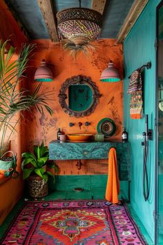 a bathroom with an orange wall and colorful rug on the floor, potted plants