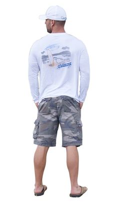 Model is 6'1, 210 lbs wearing XL Buck Skull, White Long Sleeve Tee, White Tee, Mens Denim Short, White Long Sleeve, Cargo Shorts, Surfboard, Long Sleeve Shirt, Sleeve Shirt