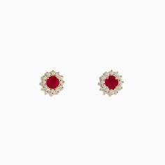 Effy Ruby Royal 14K Yellow Gold Round Diamond Halo Ruby Stud Earrings, 0.89 TCW Red 14k Gold Earrings, 14k Gold Cluster Earrings With Brilliant Cut, Red 14k Gold Earrings Fine Jewelry, 14k Gold Cluster Earrings For Formal Occasions, Formal 14k Gold Cluster Earrings, Red 14k Gold Earrings For Anniversary, Ruby Stud Earrings, Round Diamond Halo, Ruby Earrings Studs