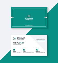 a business card with a green and white color scheme on the front, side and back