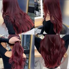 red hair inspo cherry red wine red deep red brown Cherry Red And Brown Hair, Brown Wine Hair Color, Deep Wine Red Hair, Dark Red Hair Pale Skin, Brown Cherry Hair, Cherry Red Brown Hair, Vampire Red Hair, Long Burgundy Hair