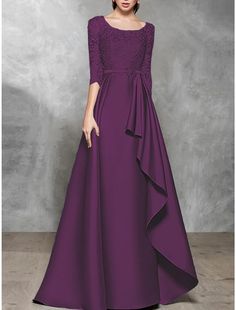 a woman in a long purple dress with a bow at the waist and sleeves, wearing a