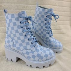 Suree By Cape Robbin Two Tone Light Blue Checker Pattern Lace Up Platform Boots. 1 1/4 Inch Platform 3 Inch Heel Light Weight Man Made Materials. Blue Platform Boots, Light Blue Boots, Light Blue Outfits, 2000s Shoes, Lace Up Platform Boots, Blue Platform Shoes, Shoes Light Blue, Unique Boots, Checker Pattern