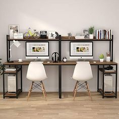 two computer desks sitting next to each other on top of a hard wood floor