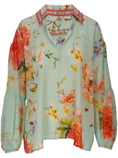 sage green/multicolour silk all-over floral print spread collar front button fastening long puff sleeves straight hem Printed Silk Blouses, Long Puff Sleeves, Silk Blouse, Silk Printing, Puff Sleeves, Sage Green, Puff Sleeve, Fashion Branding, Floral Print