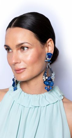 Designer Embellished Jewelry For Parties, Designer Embellished Party Jewelry, Luxury Blue Earrings For Evening, Elegant Blue Jeweled Earrings, Luxury Blue Earrings For Evening Wear, Blue Luxury Jeweled Jewelry, Luxury Jeweled Blue Jewelry, Designer Blue Jewelry For Parties, Formal Jeweled Blue Earrings