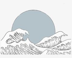 an ink drawing of mountains with the sun in the background and waves coming up from them