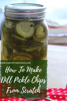 pickled cucumbers in a jar with text overlay how to make dill pickle chips from scratch