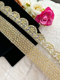 Decorative Trim Gold Trim Stone Work Sari Border Trim by the Yard Costume trim Embellishment, Border, Ribbon, Tape  A perfect embellishment for a bridal dresses or for festive mood outfit. Golden Kundan Lace with Glass Bead, Mirror and Faux Pearls Work. Our Kundan lace will add mystique to your fabric, you can use this lace alone or add it with other laces to create a new unique design for Wedding dress. This Embellishment Border/ Lace for your wedding dresses This is traditional Kundan Stone or Elegant Embellished Gold Trims, Elegant Gold Embellished Trims, Festive Embellished Party Trims, Diy Belts, Bridal Dupatta, Border Lace, Plain Outfits, Net Fabric, Stylish Blouse