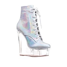 Vegan leather upper with man made sole Ankle boots with shoelace closure Heel measures approx 6" H Platform measures approx 1.5" Imported Rave Fashion, Aesthetic Inspiration, Vibe Clothes, Shoe Art, Fashion High Heels, Platform Boots, Style Guide, Wedge Sneaker, Shoe Game