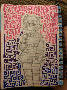 a drawing of a girl in a dress and hat with mazes on the background