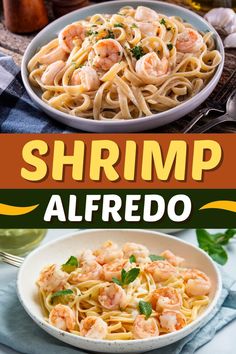 easy chicken alfredo and shrimp recipe on a white plate with red and green striped plates