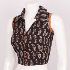 Buy online Hand Crafted Black Sleeveless Cotton Blouse With Zari Edging & Collar Back 10013544 - Size 34 (Cotton Top Indian) Kalamkari Blouse Designs, Kalamkari Blouse, Cotton Saree Blouse, Salwar Designs, Sari Blouse Designs, Top Indian, Blouse Designs Indian